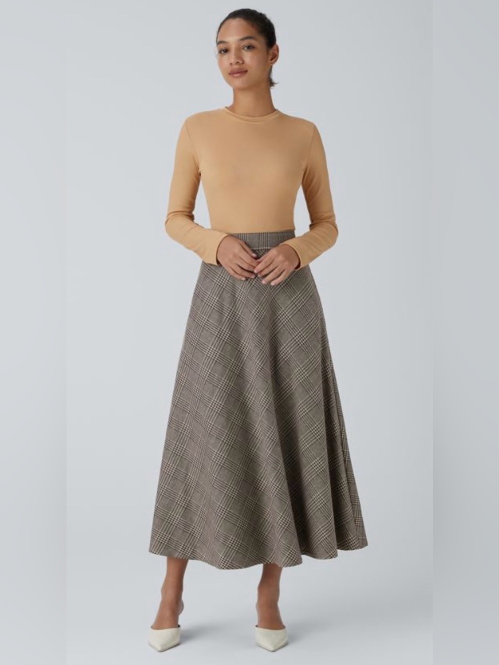 Halara High Waisted Pocket Houndstooth Plaid Flare Midi Casual Skirt - Picture 3 of 6